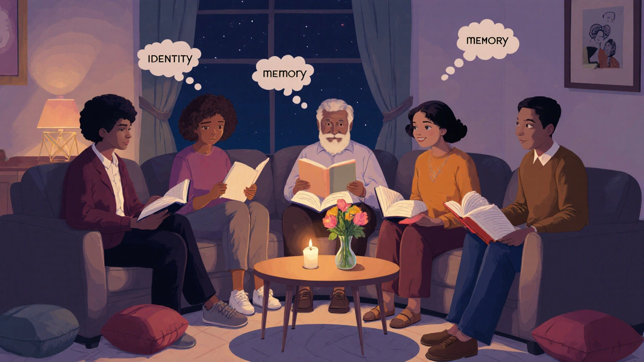 A diverse book club gathers around a table, discussing a literary novel.