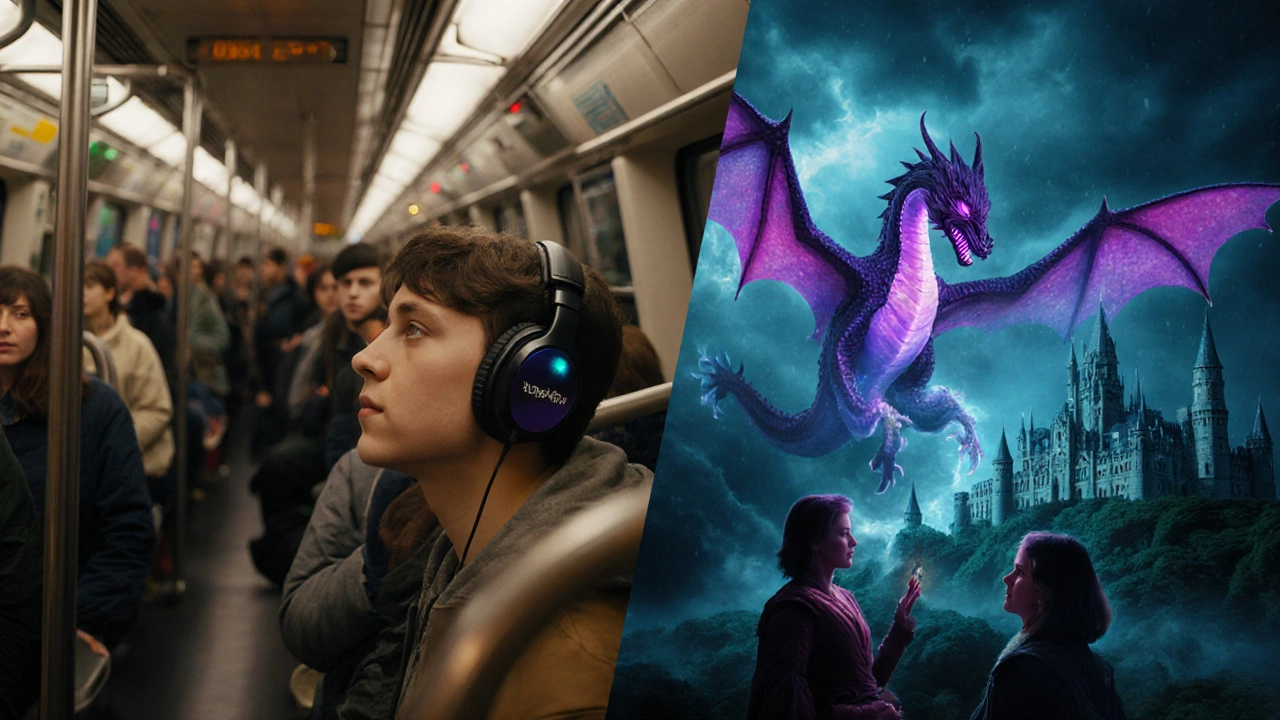 A young person listening to an audiobook on a train, with a dreamlike fantasy world glowing around them.
