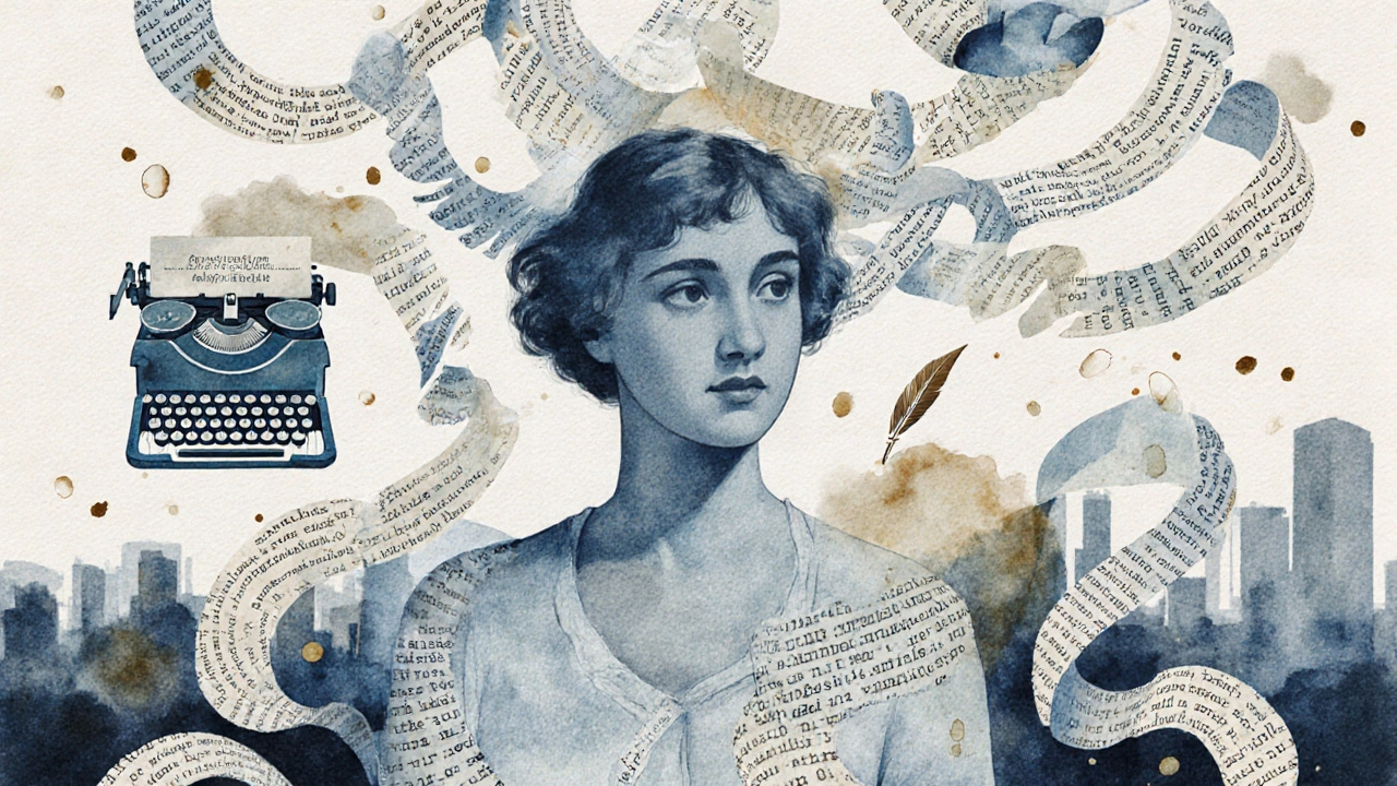 Abstract collage of fragmented text and thoughts representing literary fiction&#039;s experimental style.