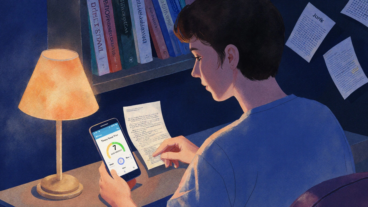 Bedroom scene with phone library app showing 7 books read and a shelf of recommended titles.