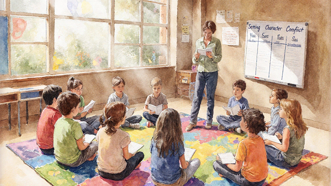 Children in a classroom workshop sharing stories around a rug.