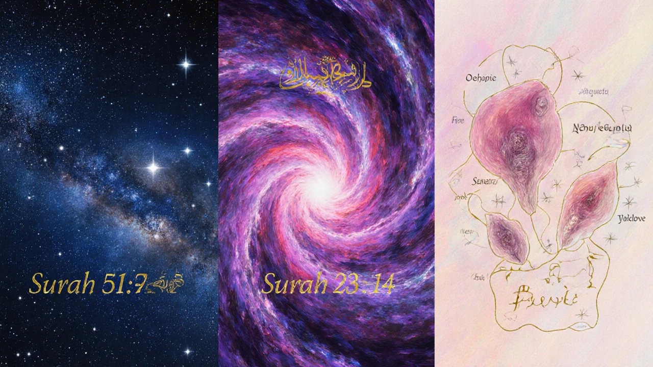 Collage of stars, expanding universe, and embryonic stages representing verses.