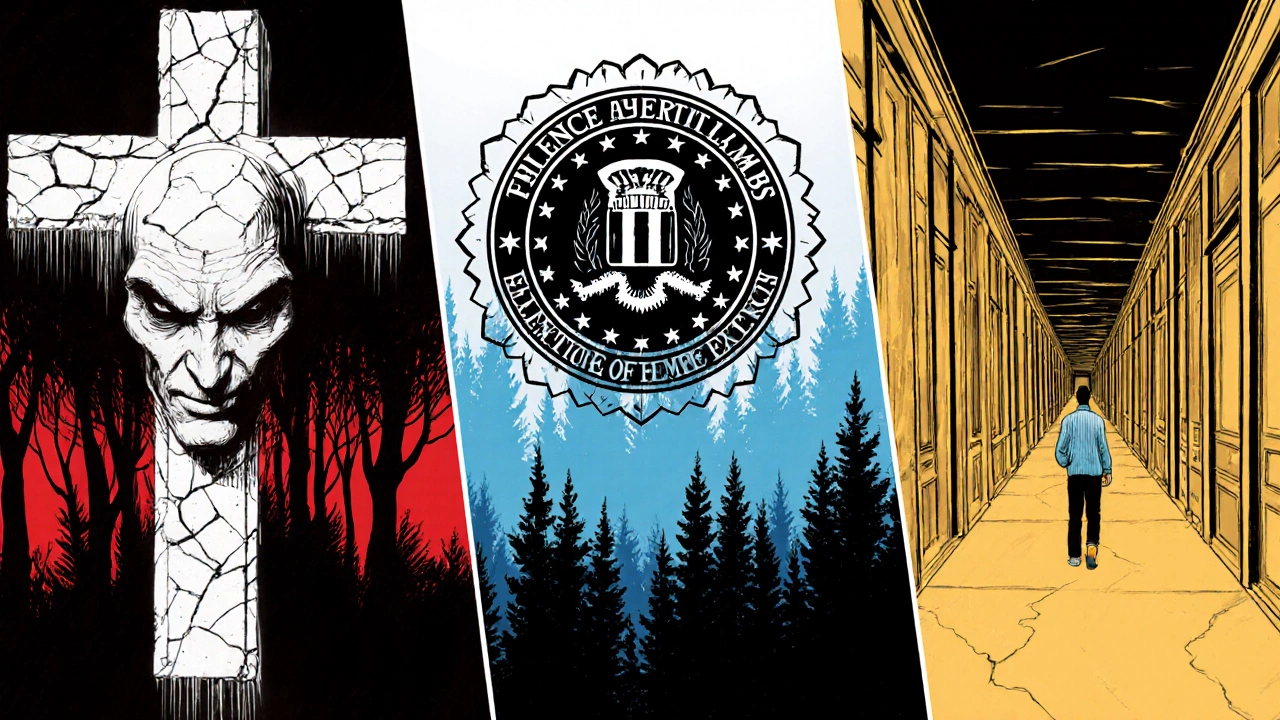 Collage of three horror movies with FBI badge, demonic face, and endless hallway.