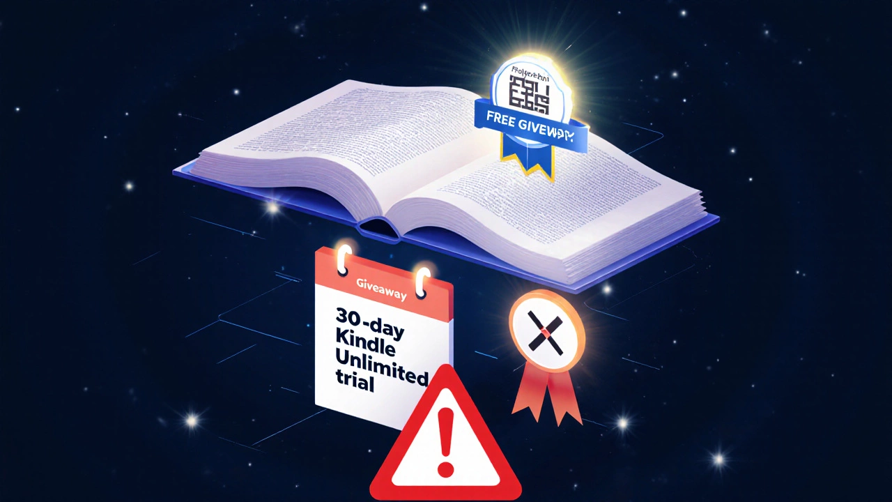 Conceptual digital collage of Gutenberg book, giveaway ribbon, trial calendar, and warning icon.