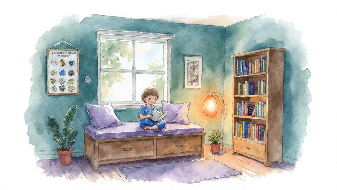 Cozy reading nook with a child reading an early chapter book.