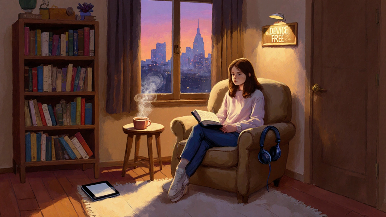 Cozy reading nook with a girl reading a book, tablet off, and headphones nearby.