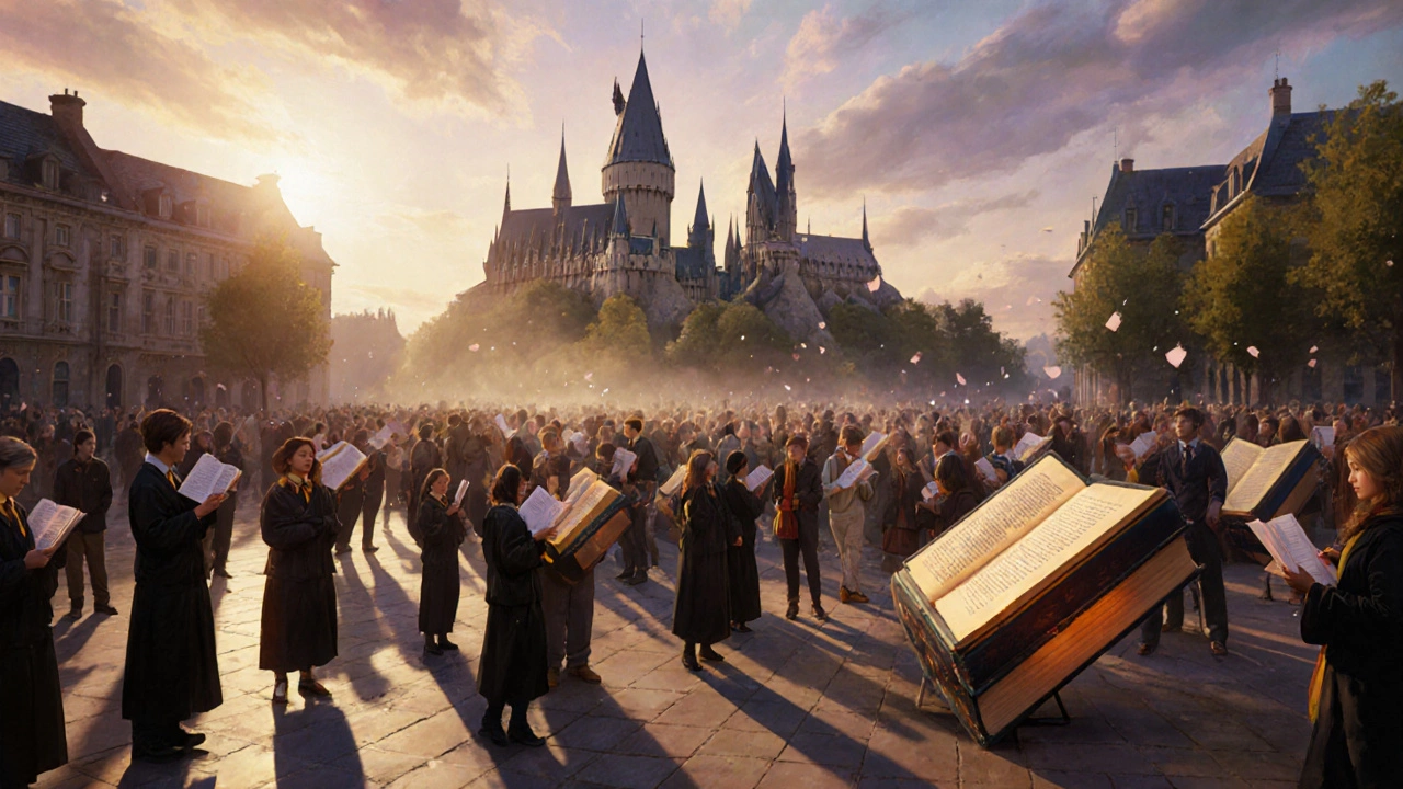 Crowd of diverse readers gathered around illuminated Harry Potter books with Hogwarts in the background.