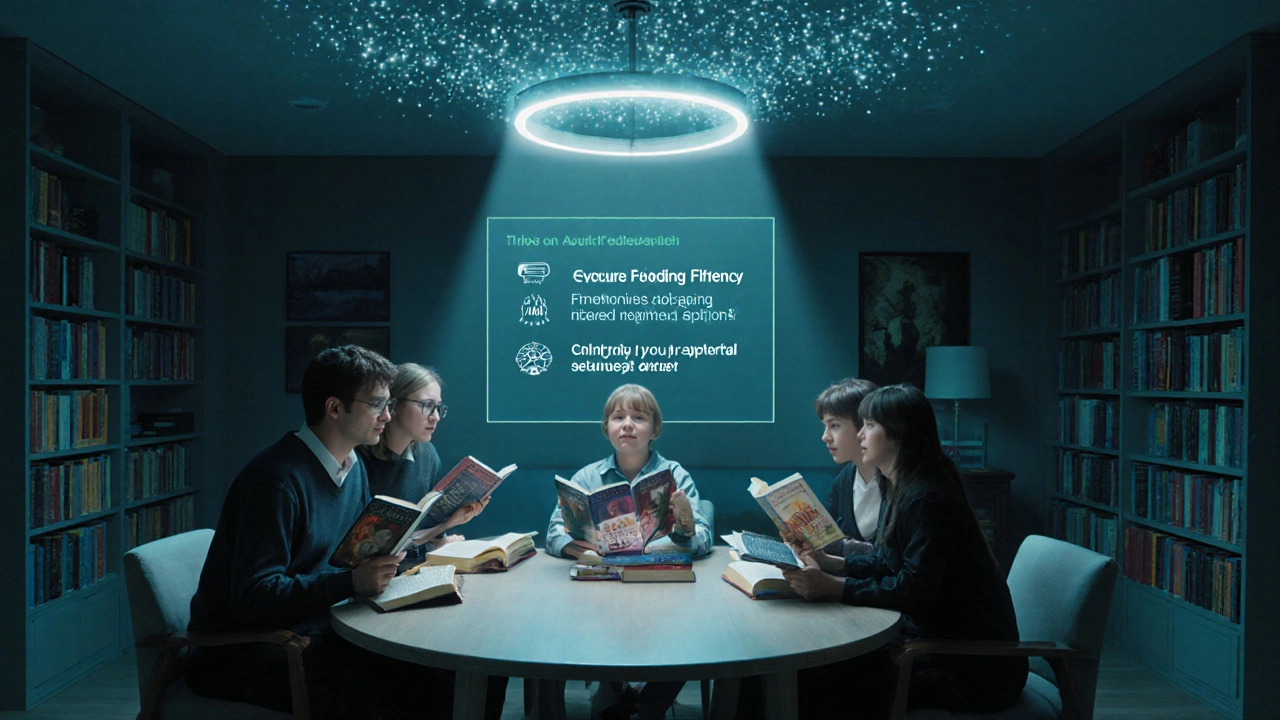 Family discussing Harry Potter books at a table with holographic reading guide.