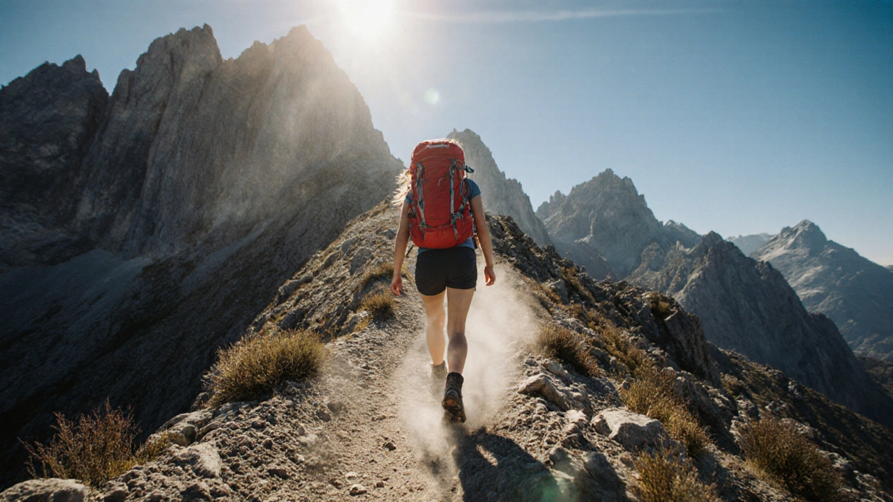 Female hiker walking on a rugged mountain trail under bright sunlight.
