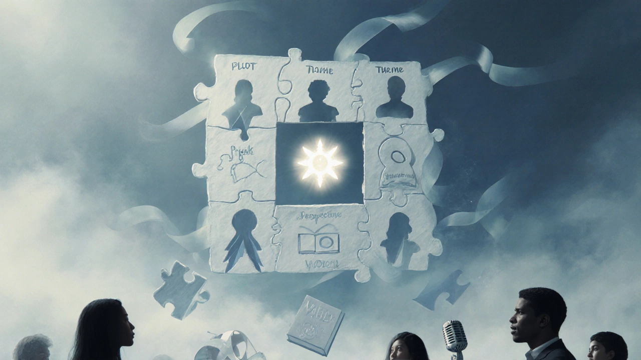 Floating puzzle pieces symbolizing narrative elements amid a misty sky.