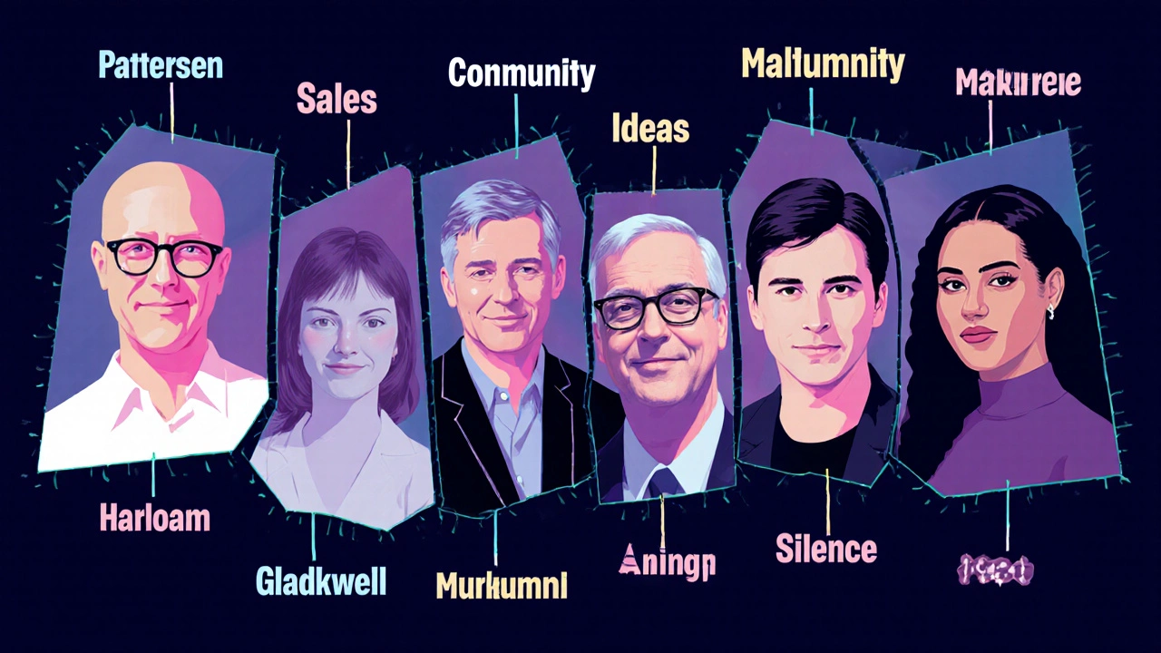 Fractured mirror reflecting five authors, each glowing with different success symbols.