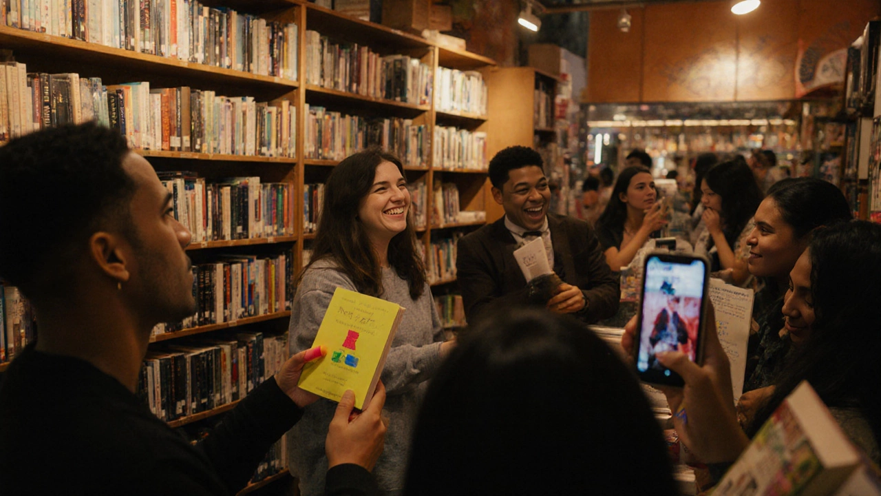Gen Z readers in a vibrant indie bookstore, taking photos of books and sharing reactions, with no genre labels on shelves.