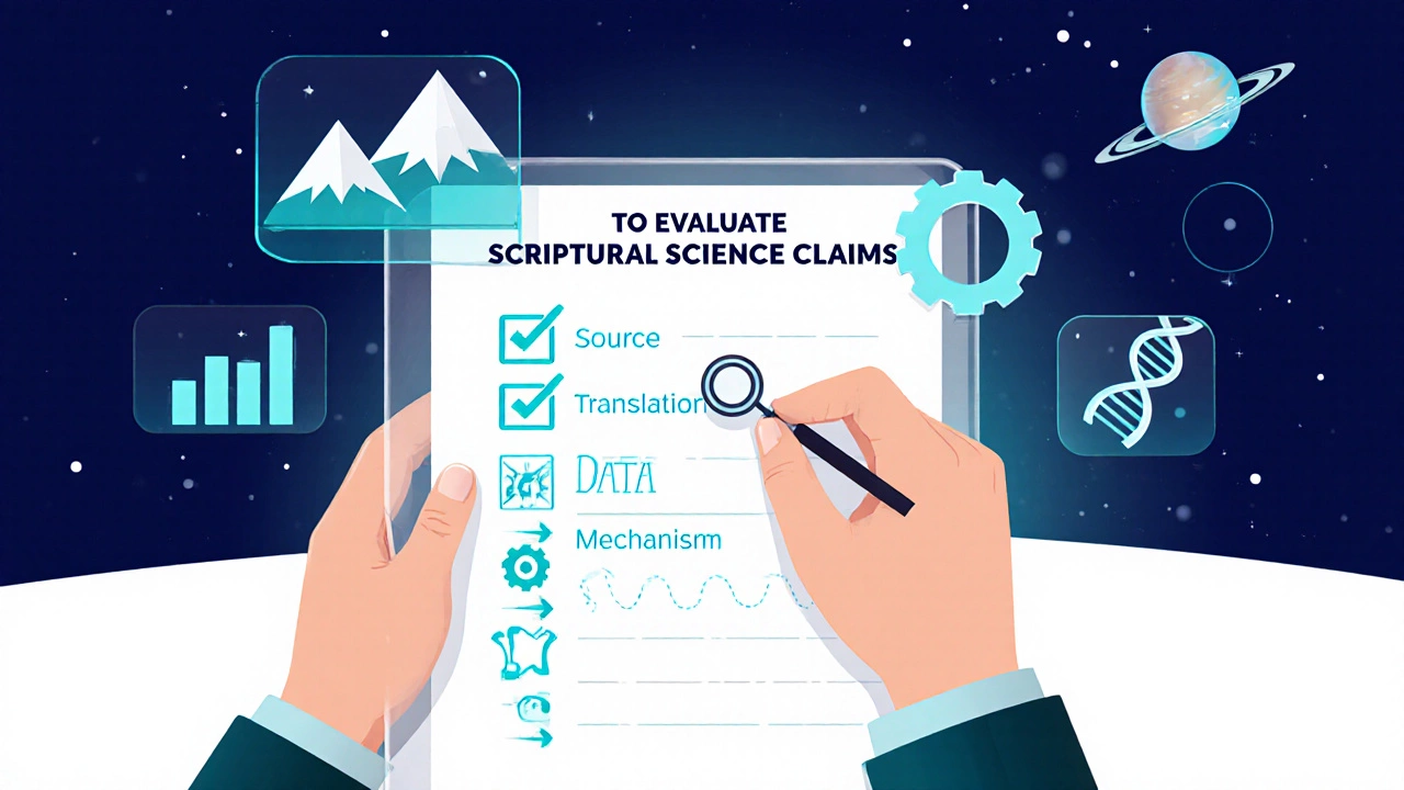 Hand checks a five‑point checklist for evaluating scriptural scientific claims.