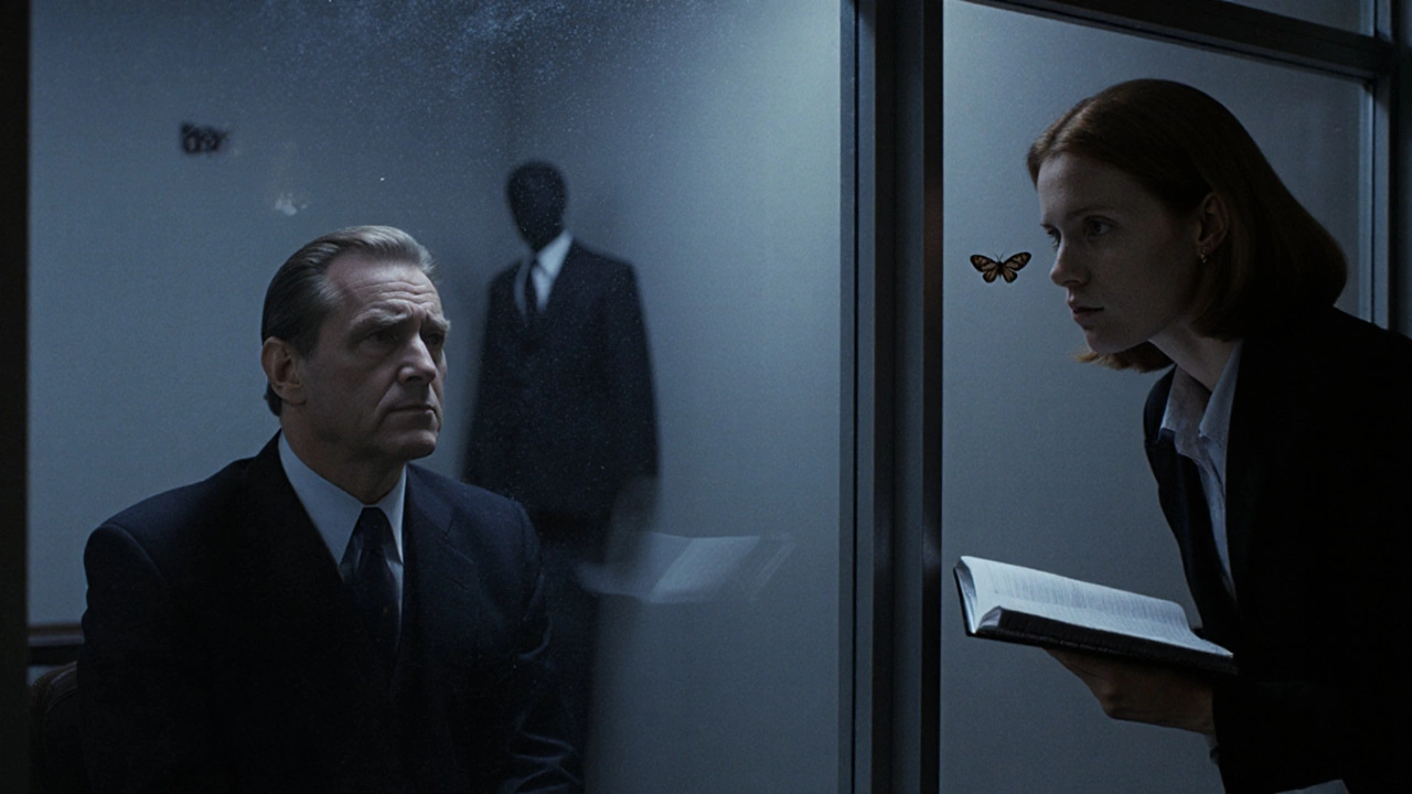 Hannibal Lecter behind glass faces Clarice Starling in a cold interrogation room.