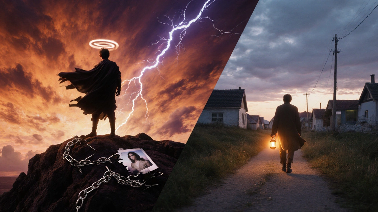 Hero on cliff at sunset faces crisis, then walks home at dawn with lantern.
