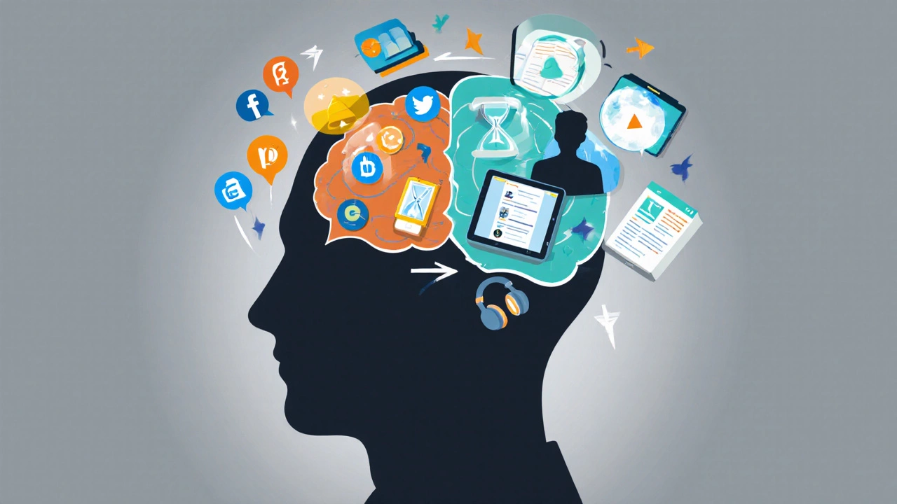 Illustration of brain split into digital distraction, screen time, and media format icons.