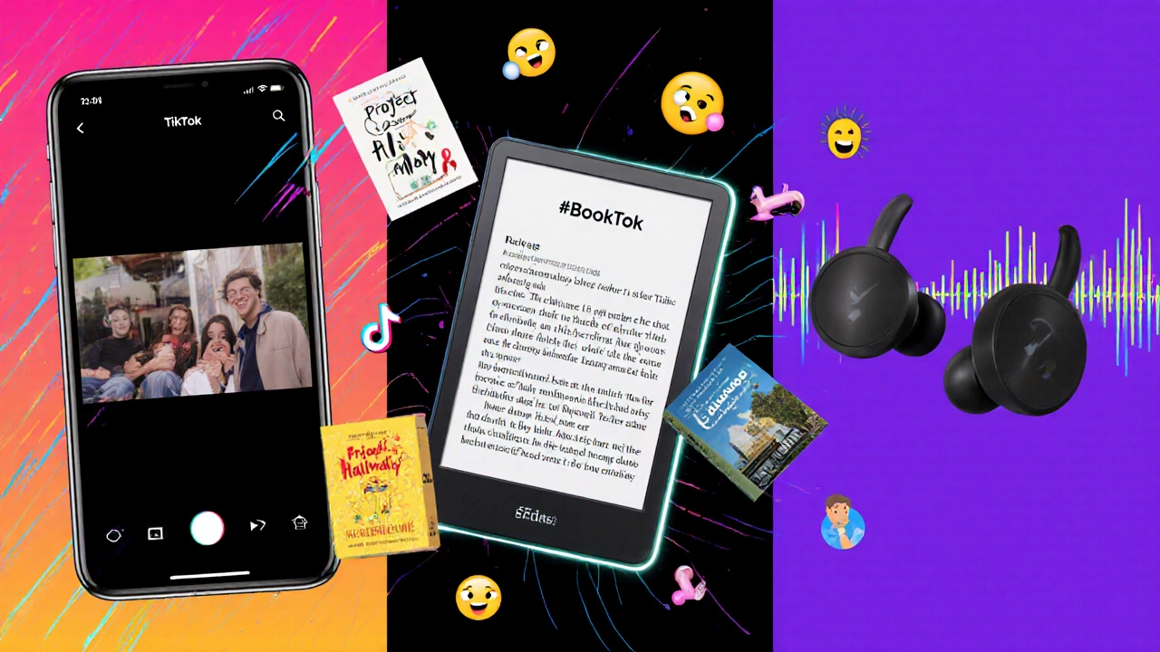 Illustration split into TikTok video, e‑reader, and audiobook panels showing reading influences.