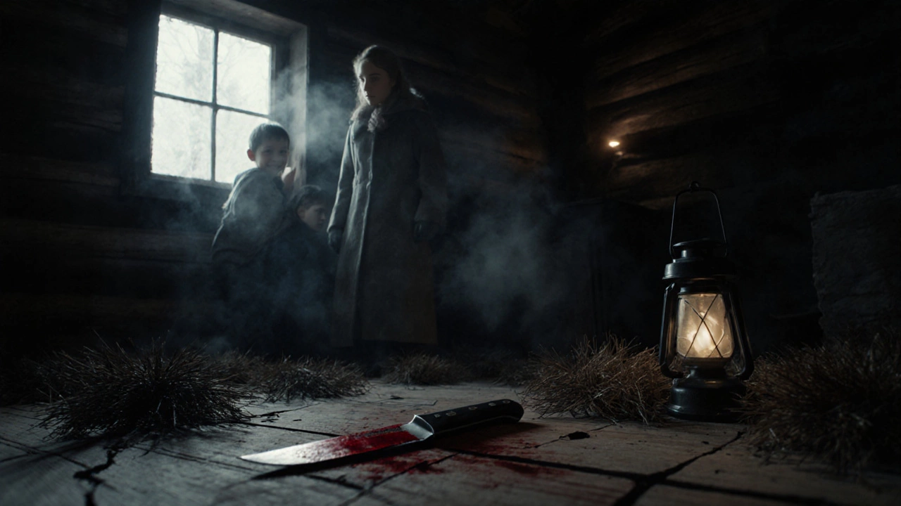 Inside the cabin, a blood‑stained knife lies on the floor as a woman and children look terrified.