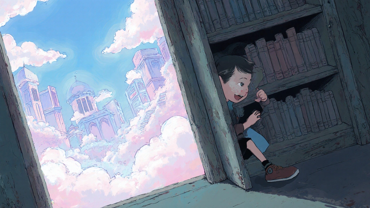 Kid discovers a cloud city behind a library shelf in a whimsical scene.