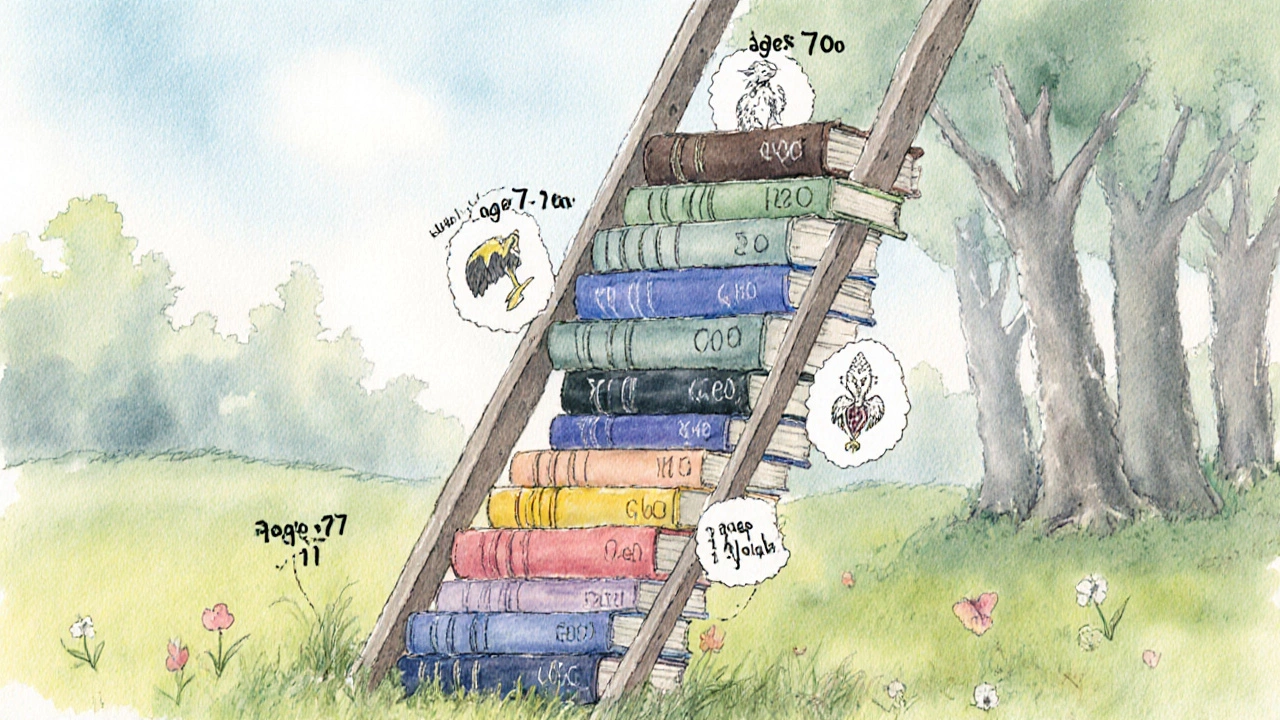 Ladder of Harry Potter books showing Lexile scores and ages with themed icons.