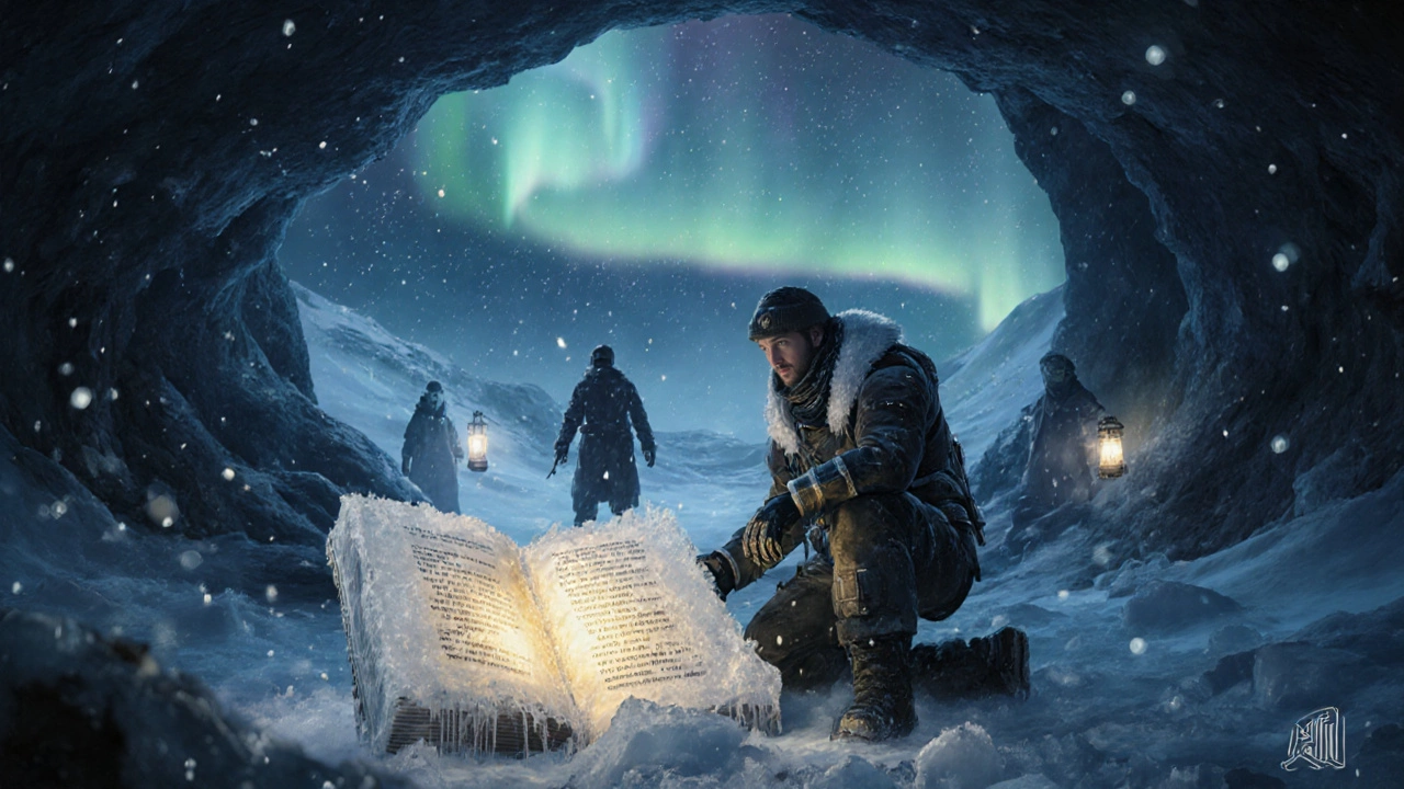 Linguist discovers glowing frozen codex in Antarctic cavern with rival scientists nearby.