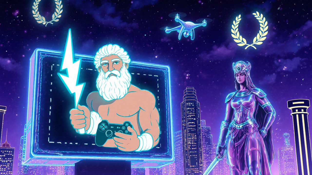Neon cityscape showing Zeus and Athena as futuristic pop‑culture icons.