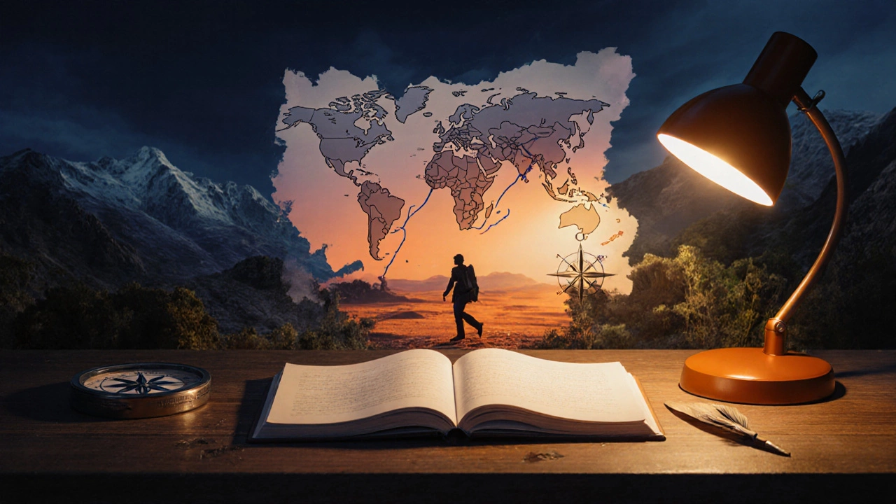 Notebook with floating map, compass, and hero silhouette representing adventure writing.