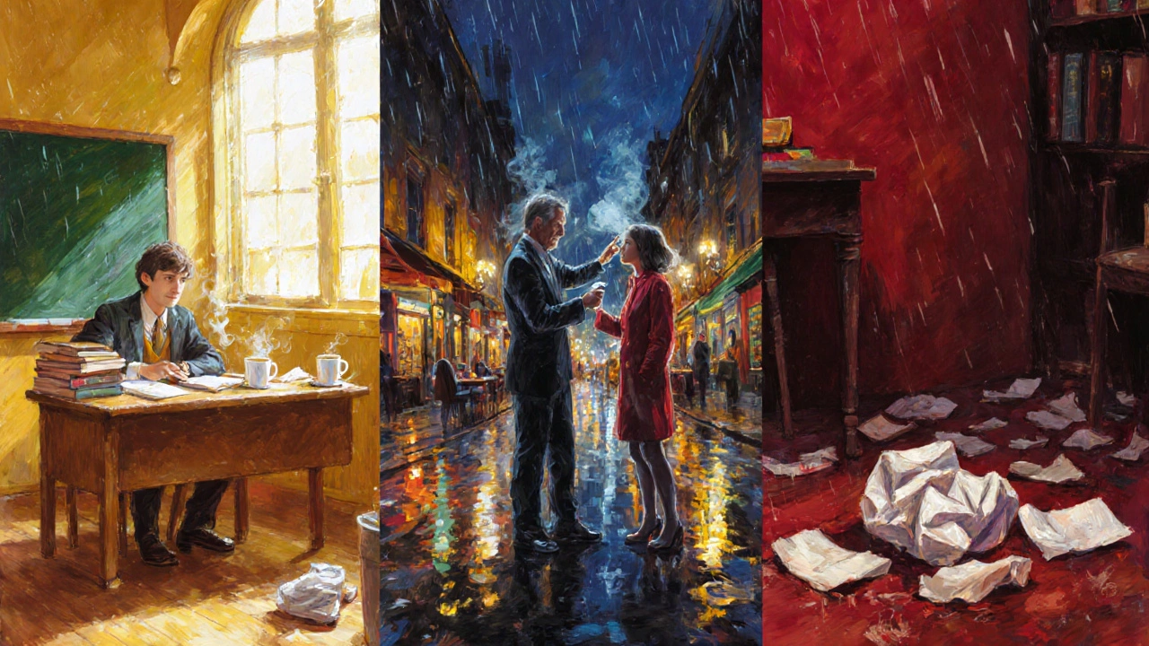 Oil painting shows three trials: mentor lesson, café argument, and manuscript failure.