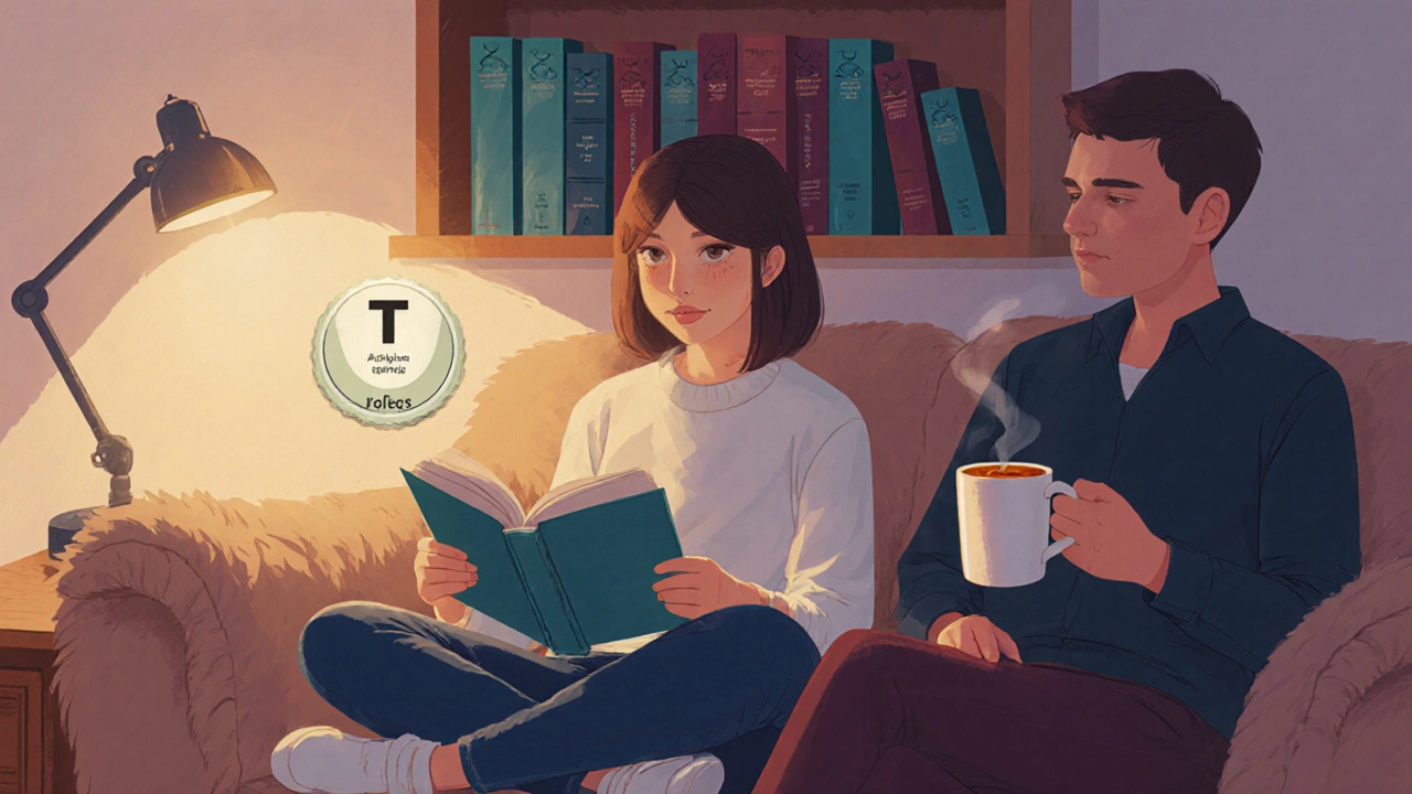 Parent and teen reading a dystopian book together on a cozy couch.