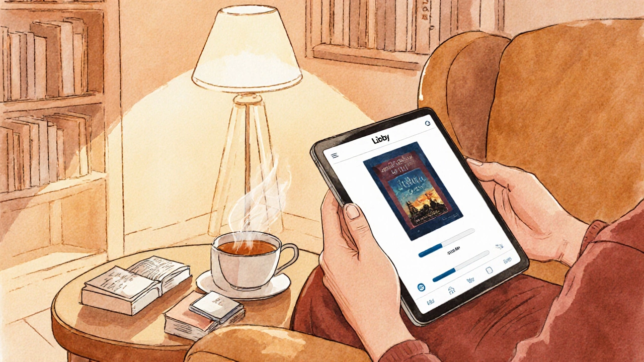 Person reading on a tablet with Libby app, library card, and cup of tea in a cozy room.