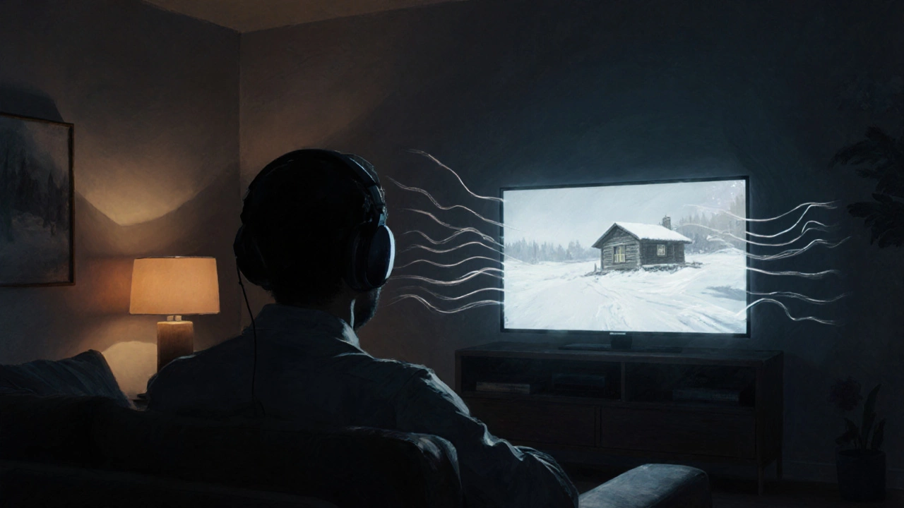 Person watches a horror film with headphones in a dark room, illuminated by the TV glow.