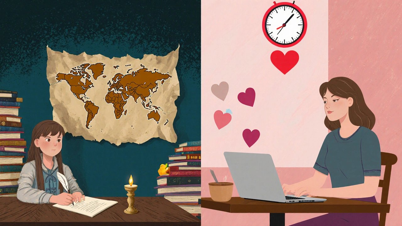 Side‑by‑side illustration of fantasy and romance writers with genre‑specific tools and lighting.