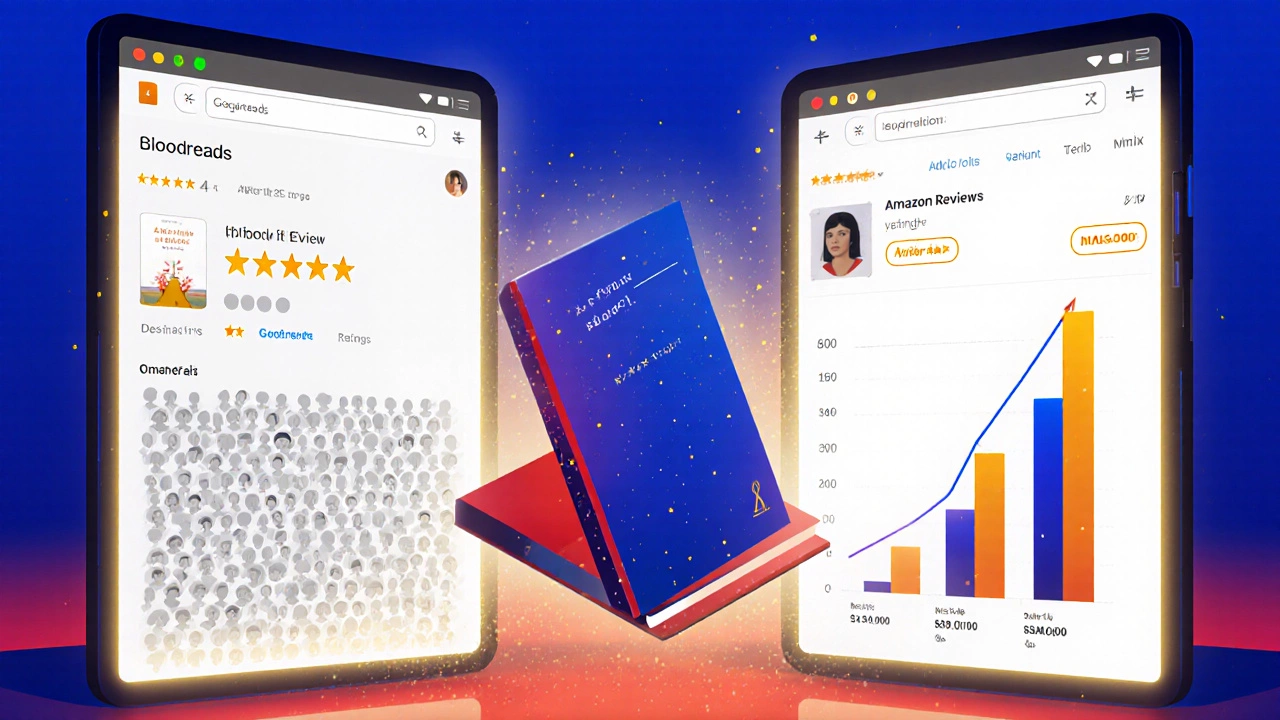 Side‑by‑side view of Goodreads and Amazon rating screens with the book cover between them.