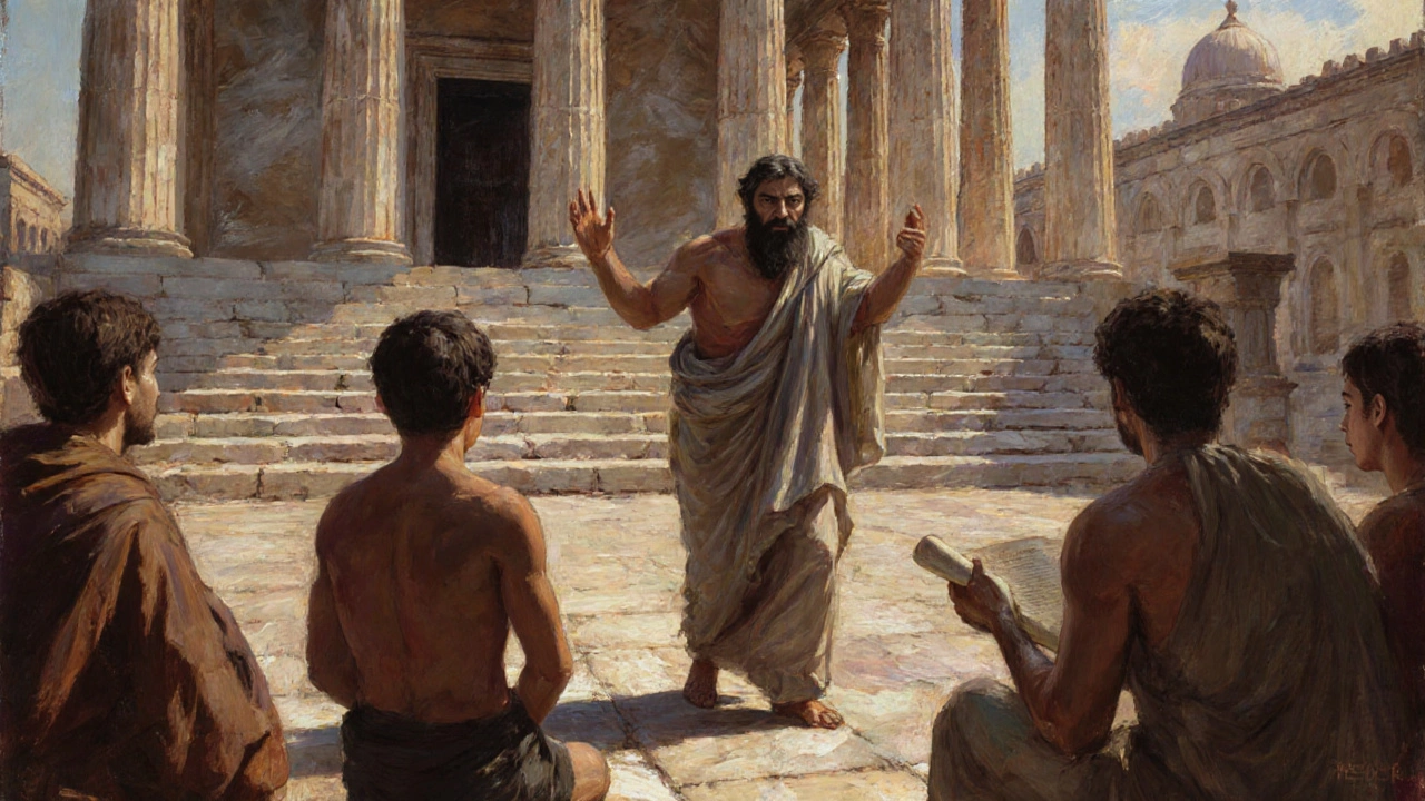 Socrates lecturing in an Agora with Plato listening, Temple of Athena in background.