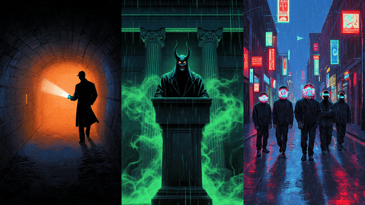 Three panels: subway tunnel with detective, ominous courtroom with demonic figure, neon cyber‑gang alley.