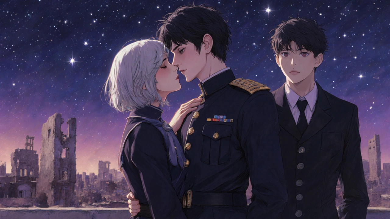 Three protagonists on a rooftop at night, sharing a kiss under stars.