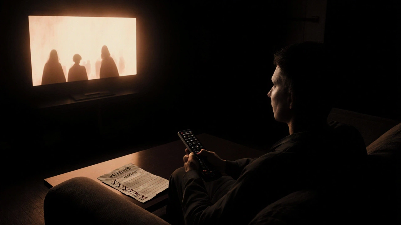 Viewer in dark room lit only by TV, holding a remote beside a tick‑marked checklist.