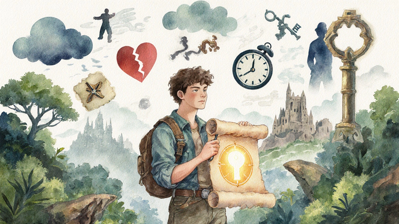 Watercolor collage showing protagonist, goal, stakes, setting, conflict, and hook icons.