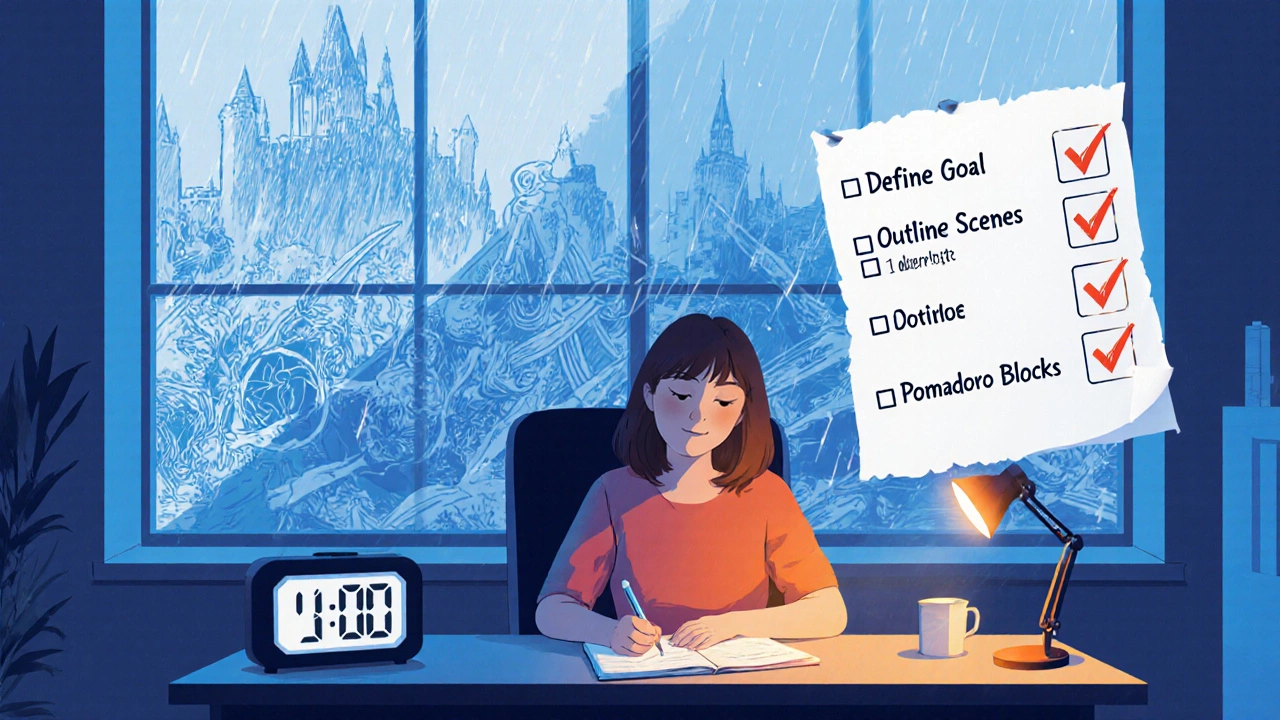Woman writing a fantasy battle scene, with overlay of battle sketch and checklist in a rainy study.