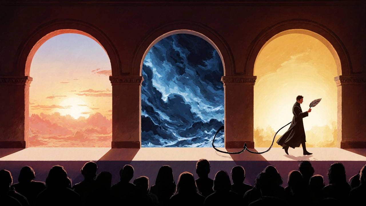 Writer moving a quill across three illuminated arches representing plot acts.