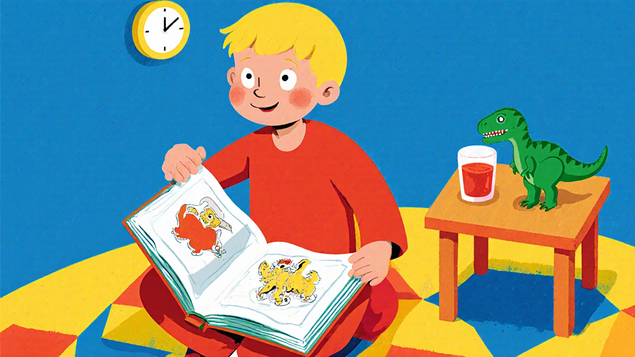 Young child flipping pages of a picture book on a colorful rug.