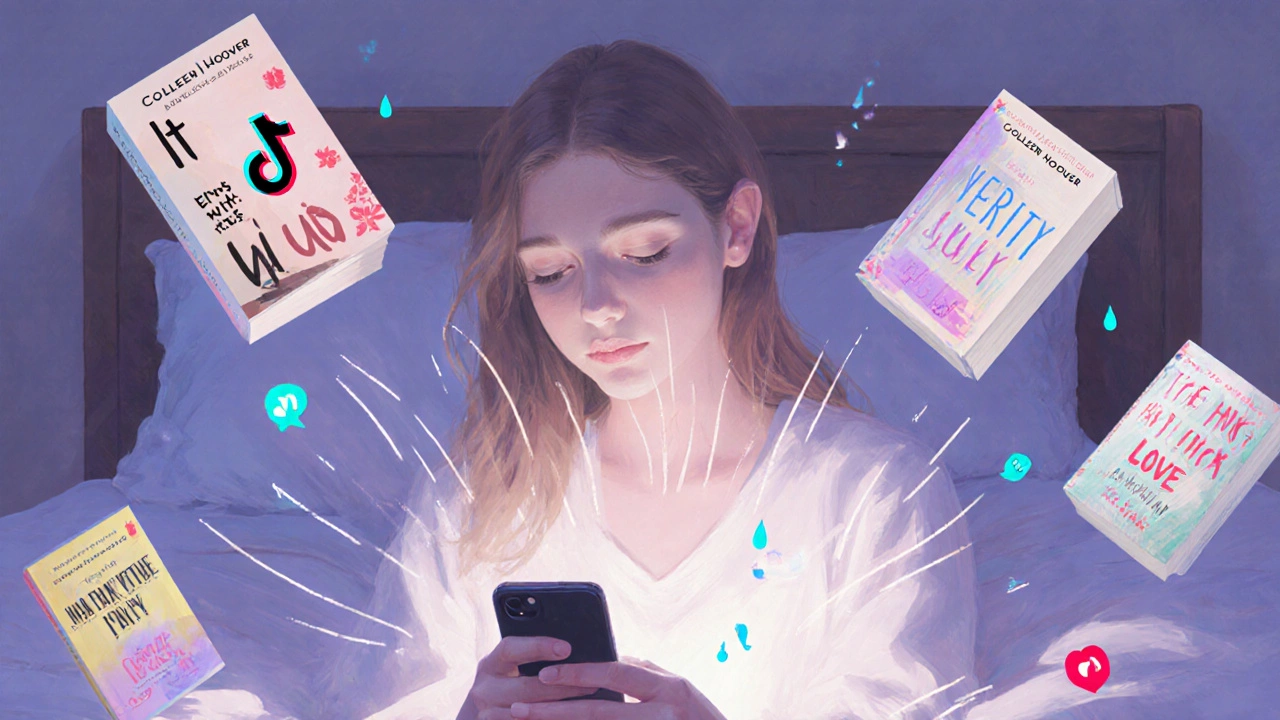 Young woman surrounded by floating book covers of Colleen Hoover novels, lit by phone glow.