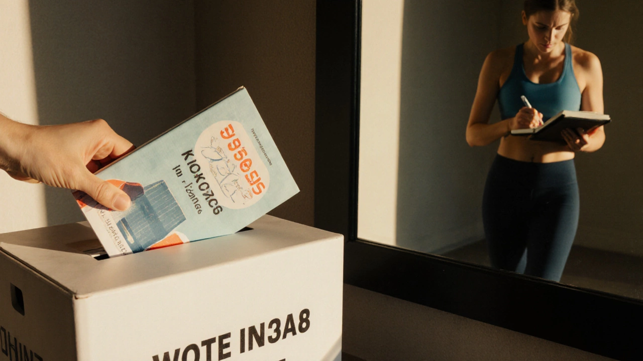 A hand donating a self-help book as someone walks away in workout clothes, writing in a notebook.