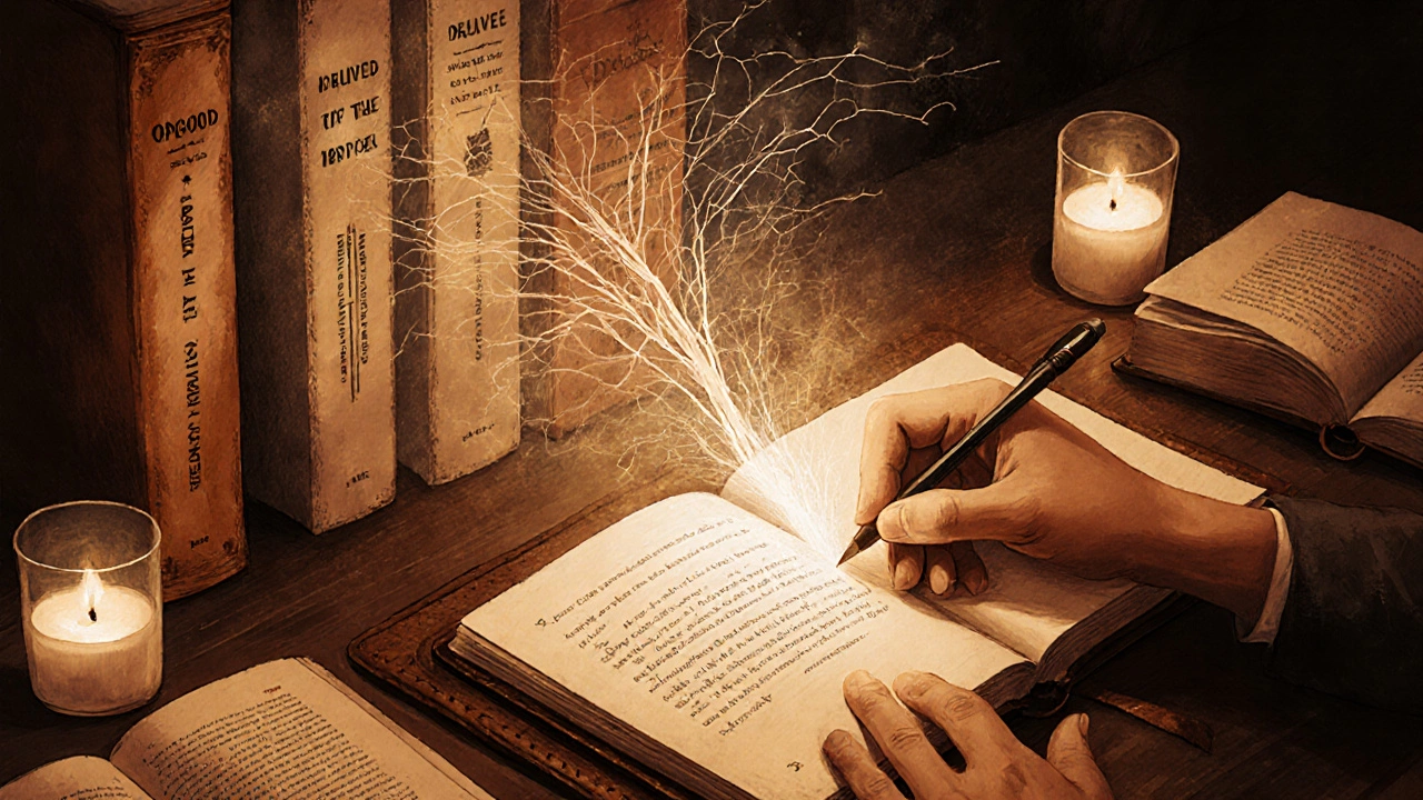 A hand writing in a journal with glowing neural pathways symbolizing brain change.
