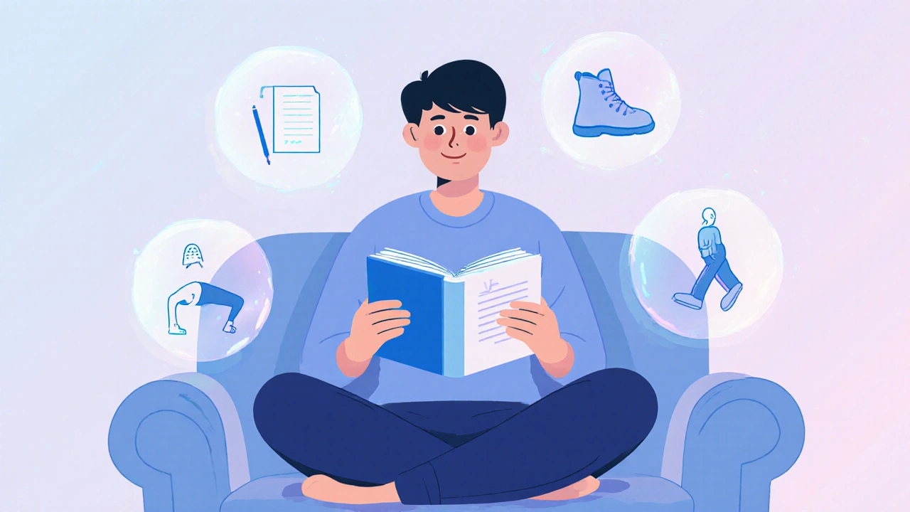 A person holding a self-help book with floating icons of small actions they haven&#039;t done.