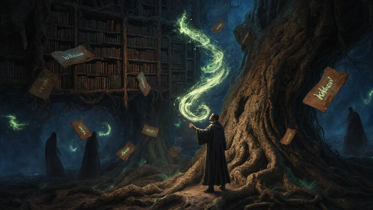 A scholar reaches for floating magical names in an ancient tree-root library.