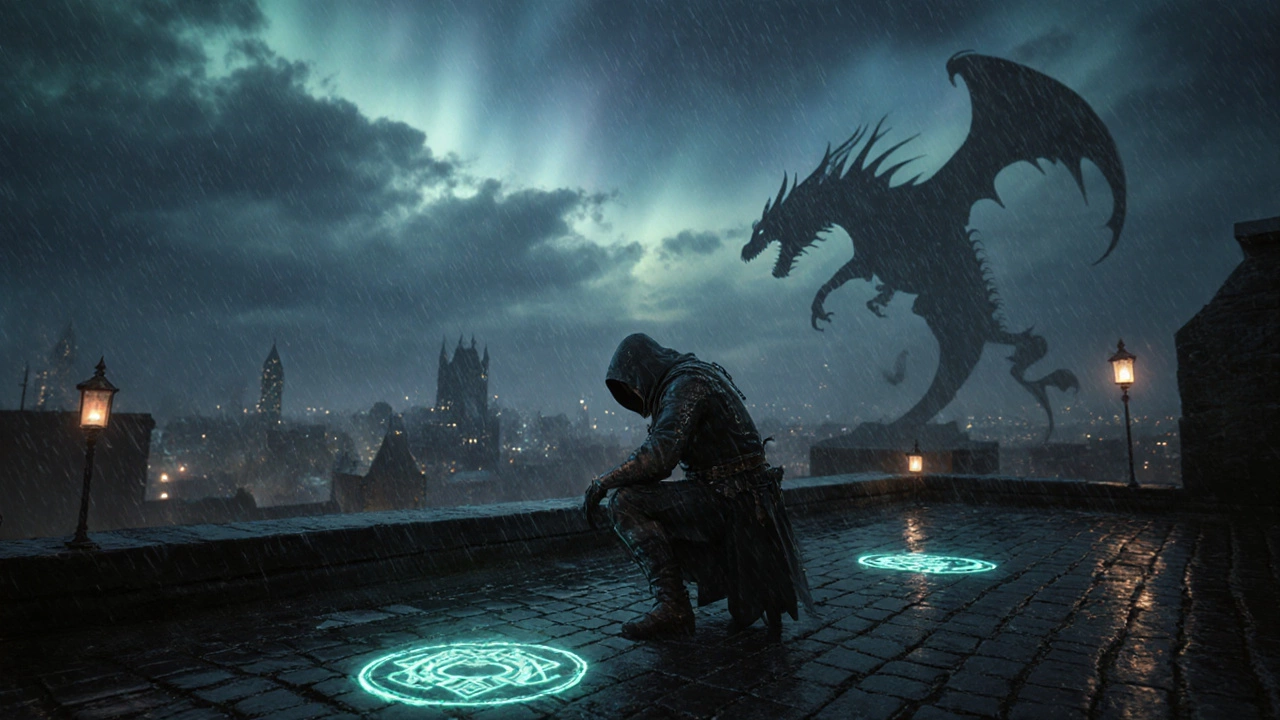 A thief on a rainy rooftop watches auroras and a spectral dragon above a hidden city.