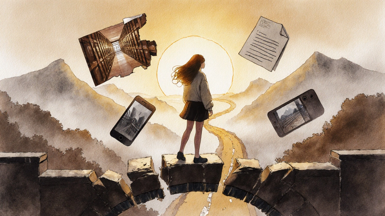 A young woman standing on a bridge at dawn, memories floating behind her as she faces a misty path ahead.