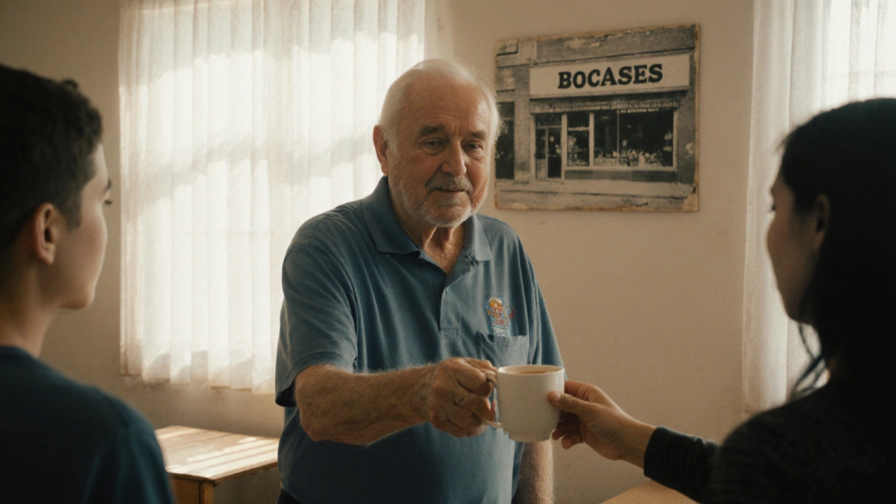 An elderly man volunteering, smiling as he gives tea, past business photo visible behind him.