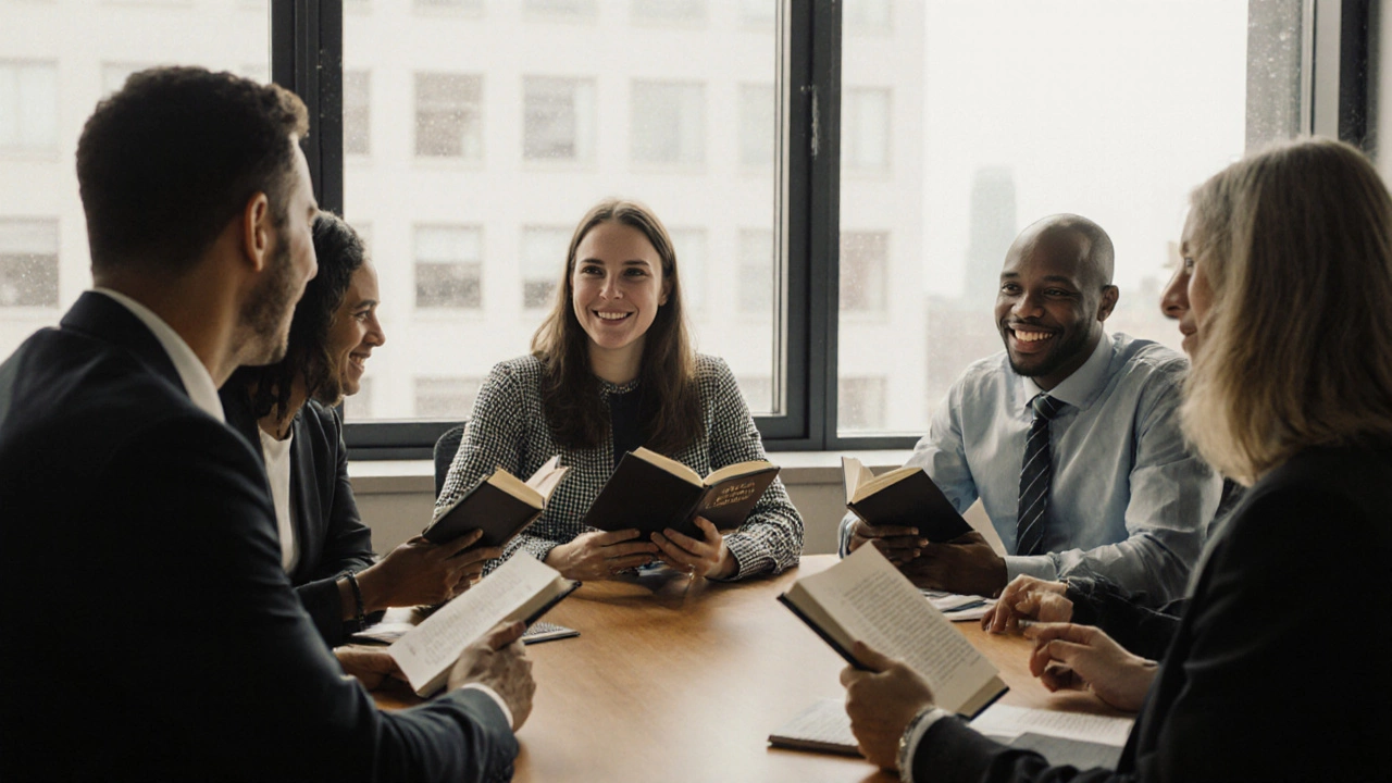 Diverse professionals in an office sharing insights from Dale Carnegie&#039;s book.